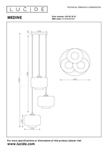 Lucide MEDINE - Pendant light - Ø 46 cm - 3xE27 - Opal - technical